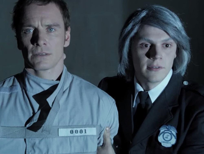 Michael Fassbender as Magneto and Evan Peters as Quicksilver.